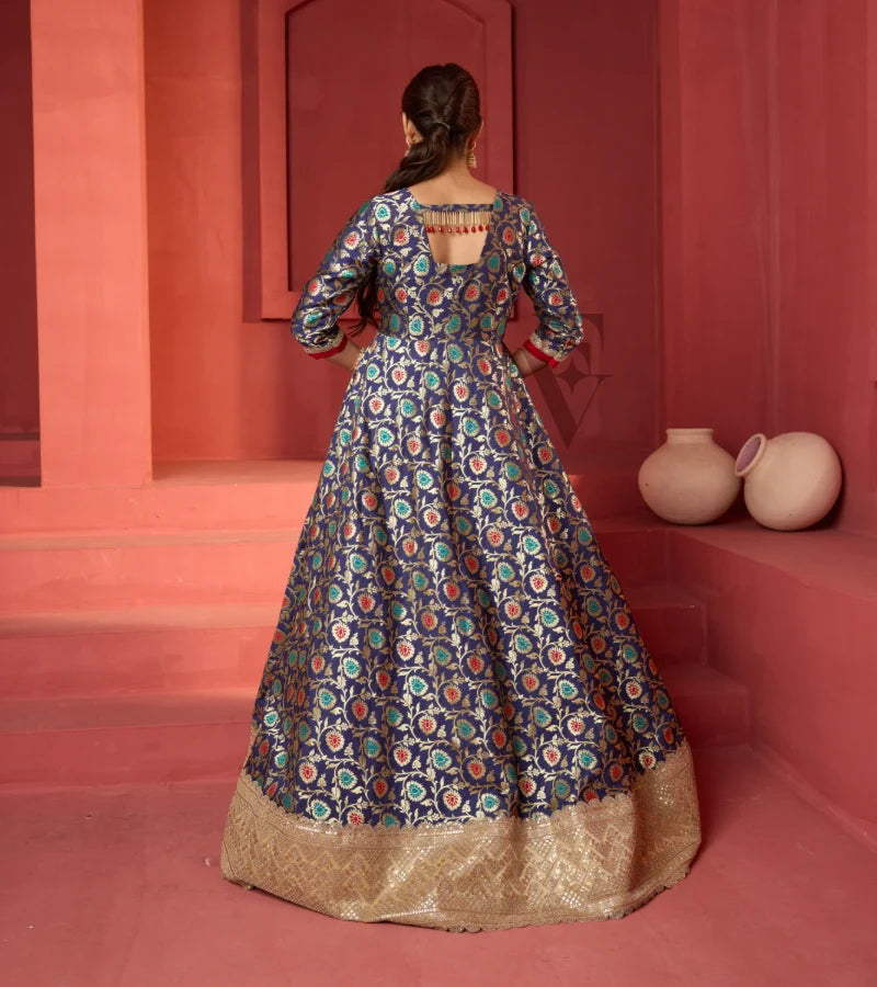 This dark blue Banarasi silk gown