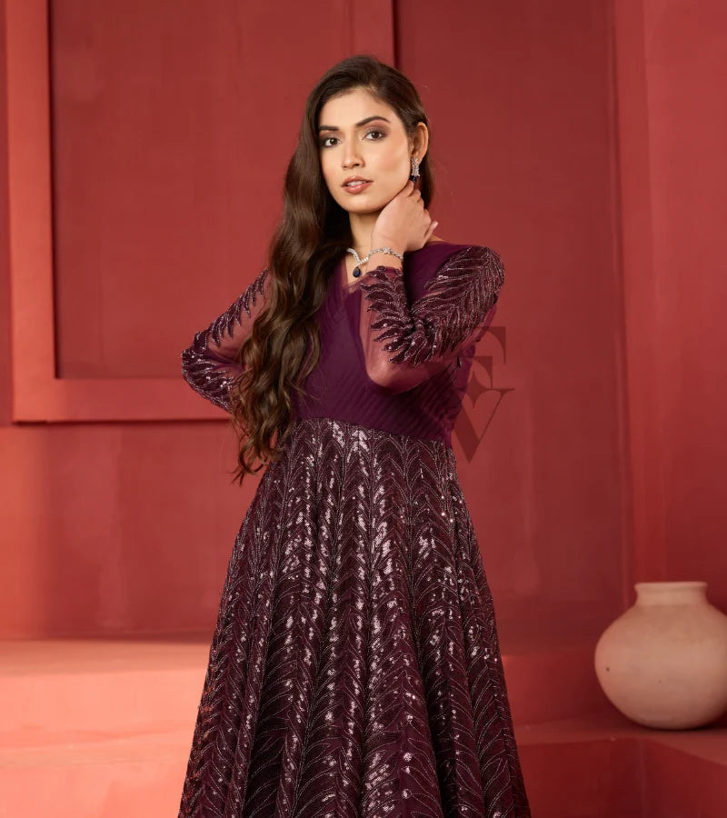 A wine-coloured premium net gown