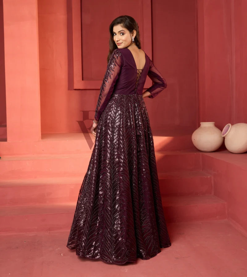 A wine-coloured premium net gown – Evarrah