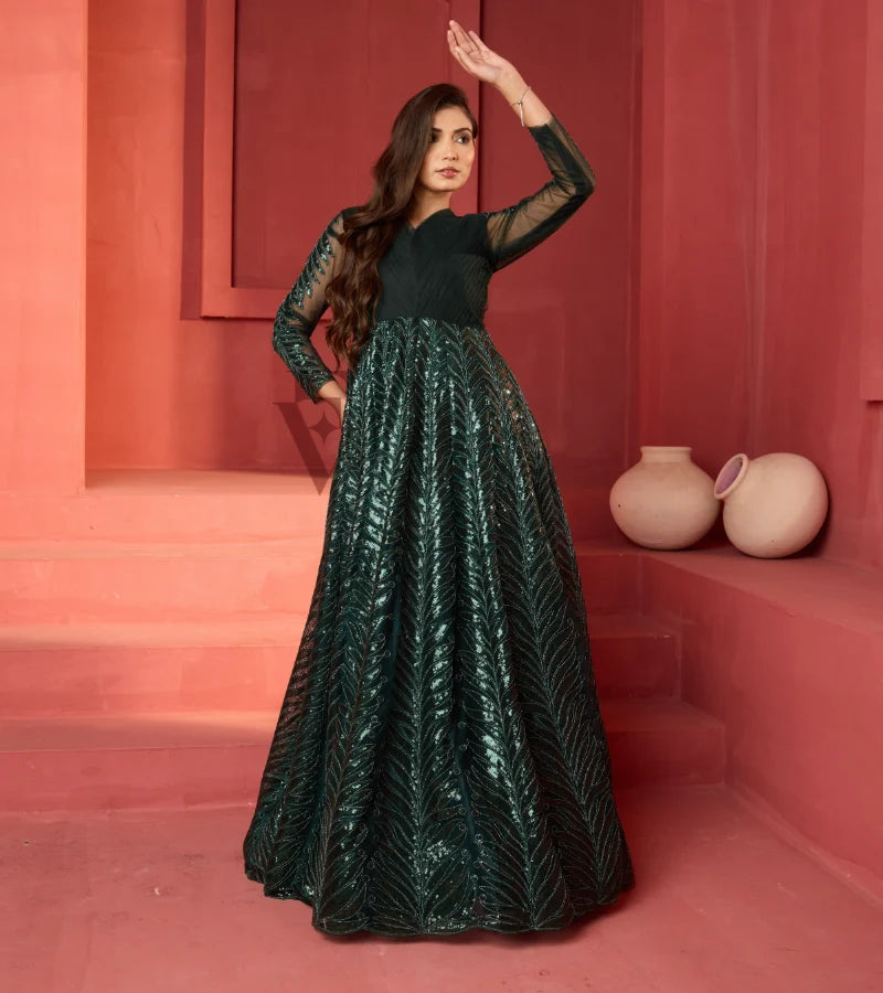 A dark green premium net gown