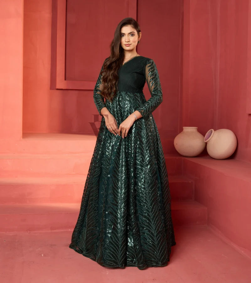 A dark green premium net gown