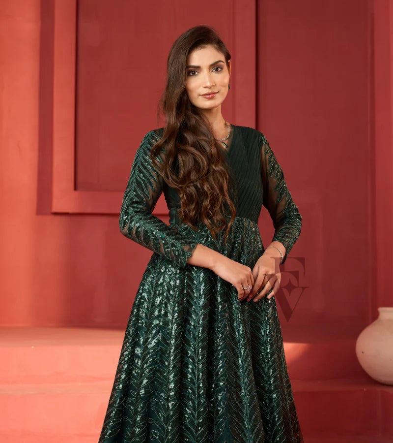 A dark green premium net gown