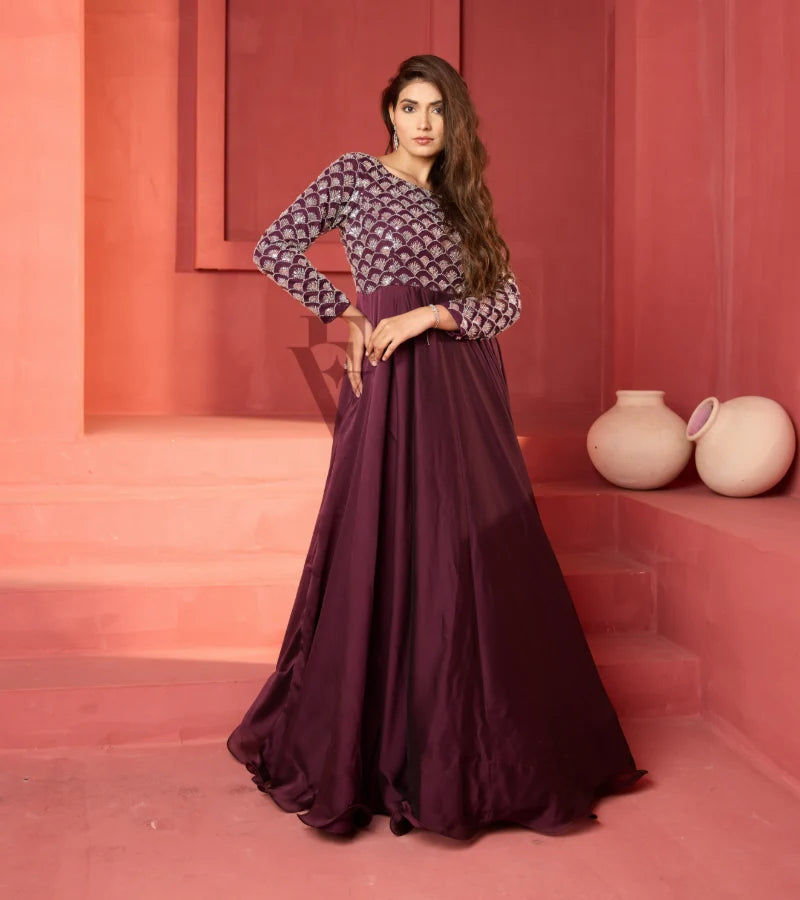A wine-coloured georgette silk gown