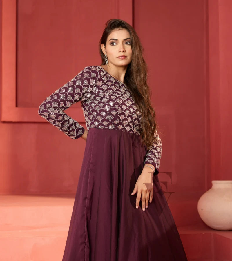 A wine-coloured georgette silk gown