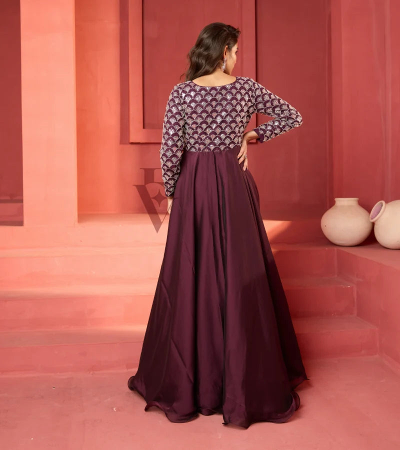 A wine-coloured georgette silk gown
