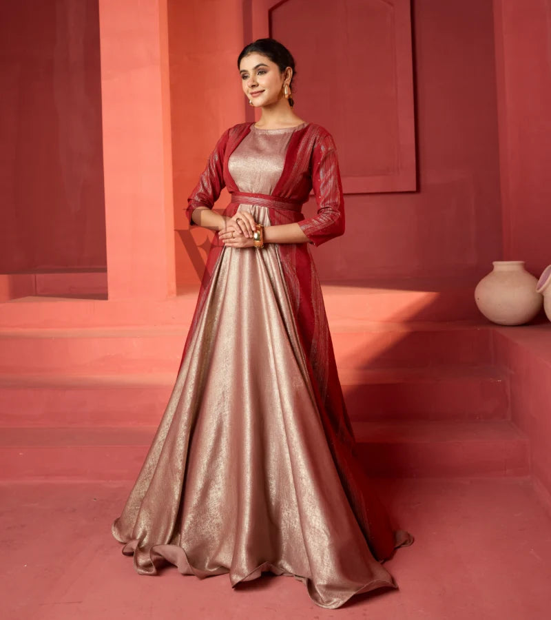 A rose gold silky velvet gown