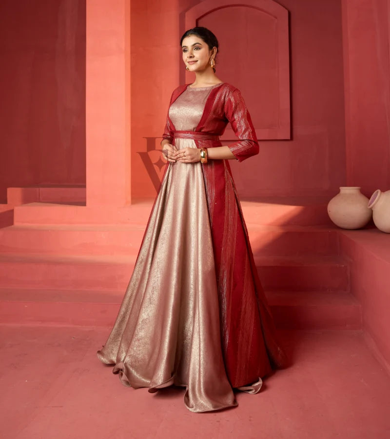 A rose gold silky velvet gown
