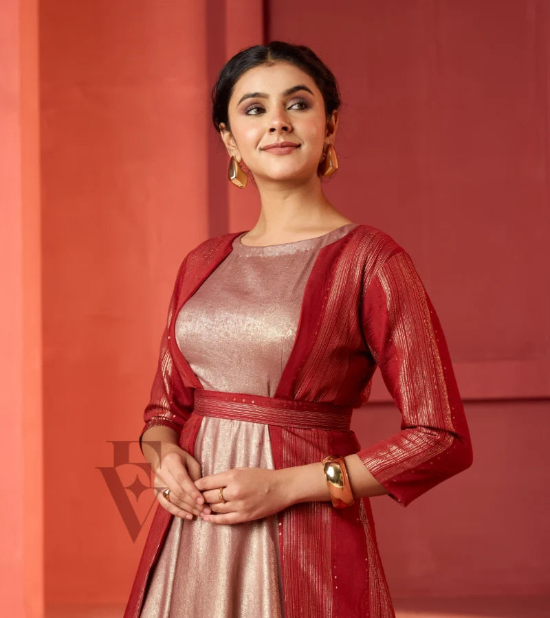 A rose gold silky velvet gown