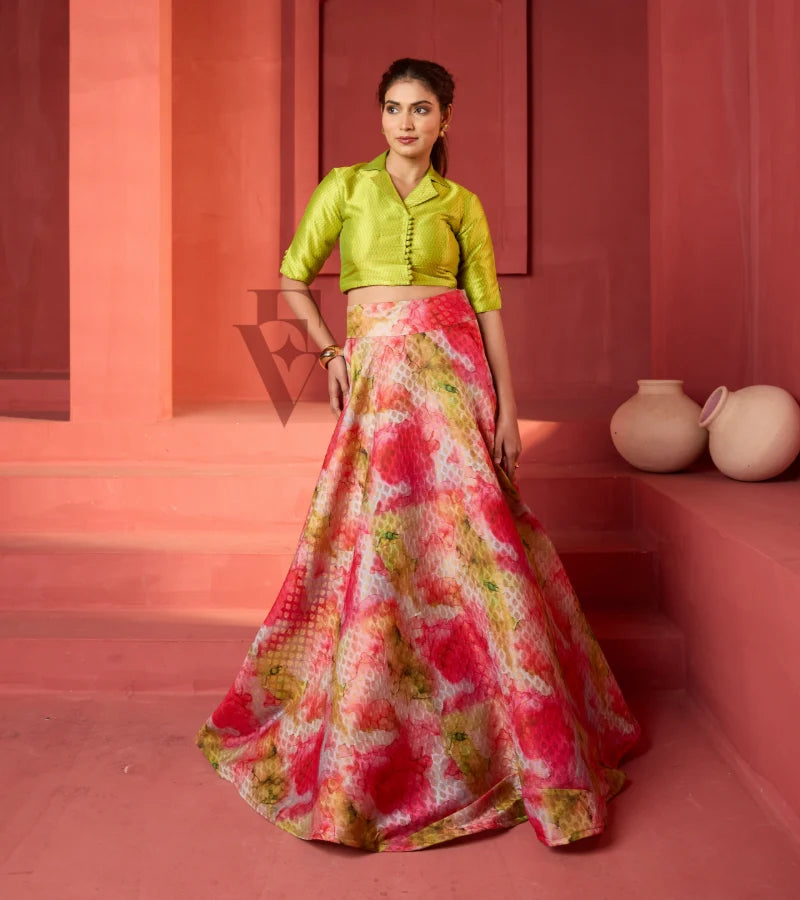 Banarasi-style flared lehenga with lime green silk blouse