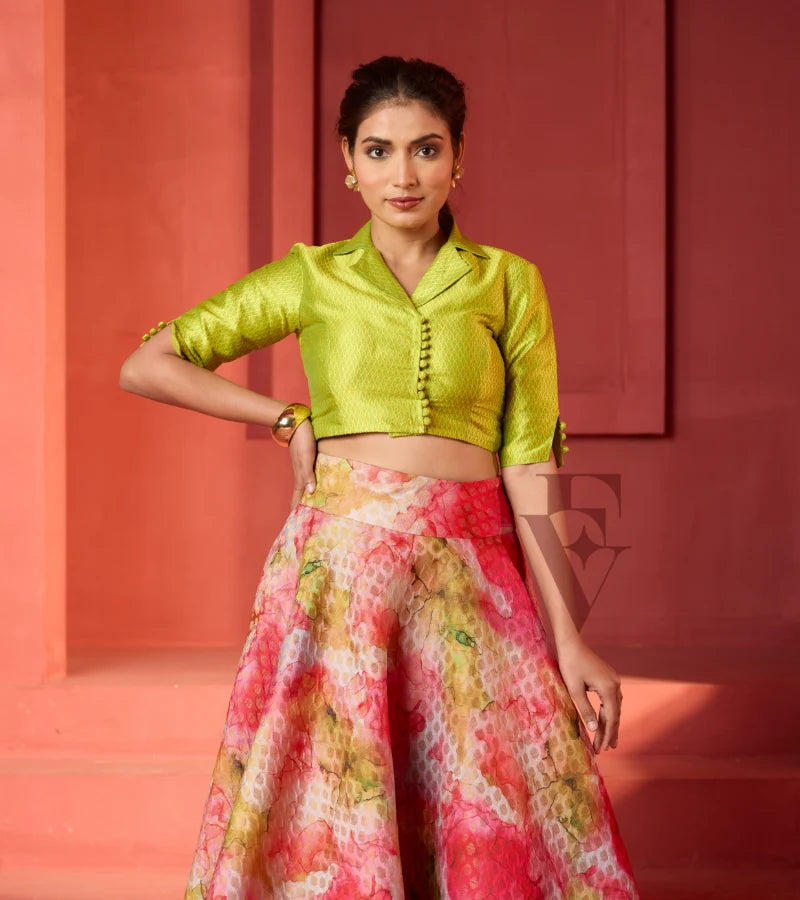 Banarasi-style flared lehenga with lime green silk blouse