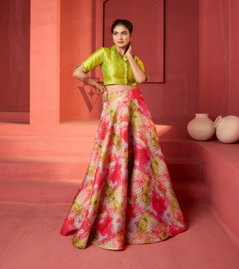Banarasi-style flared lehenga with lime green silk blouse