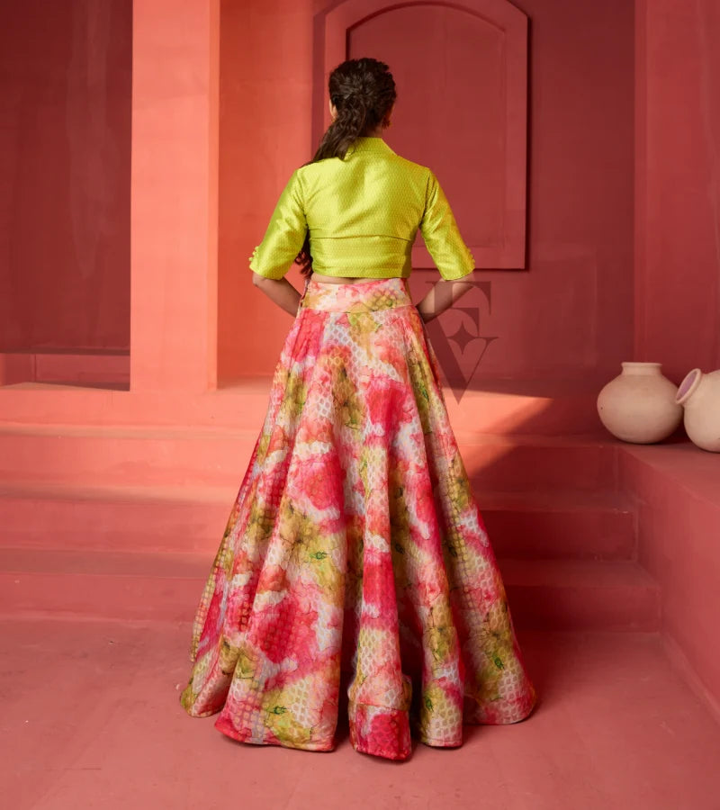 Banarasi-style flared lehenga with lime green silk blouse