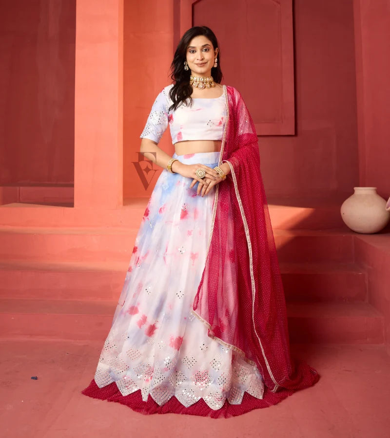 This off-white and maroon lehenga