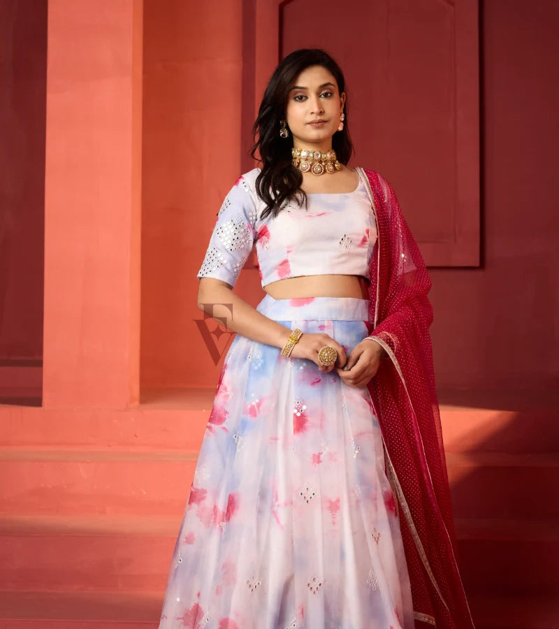 This off-white and maroon lehenga