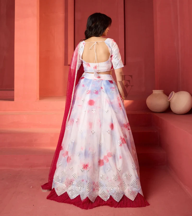 This off-white and maroon lehenga