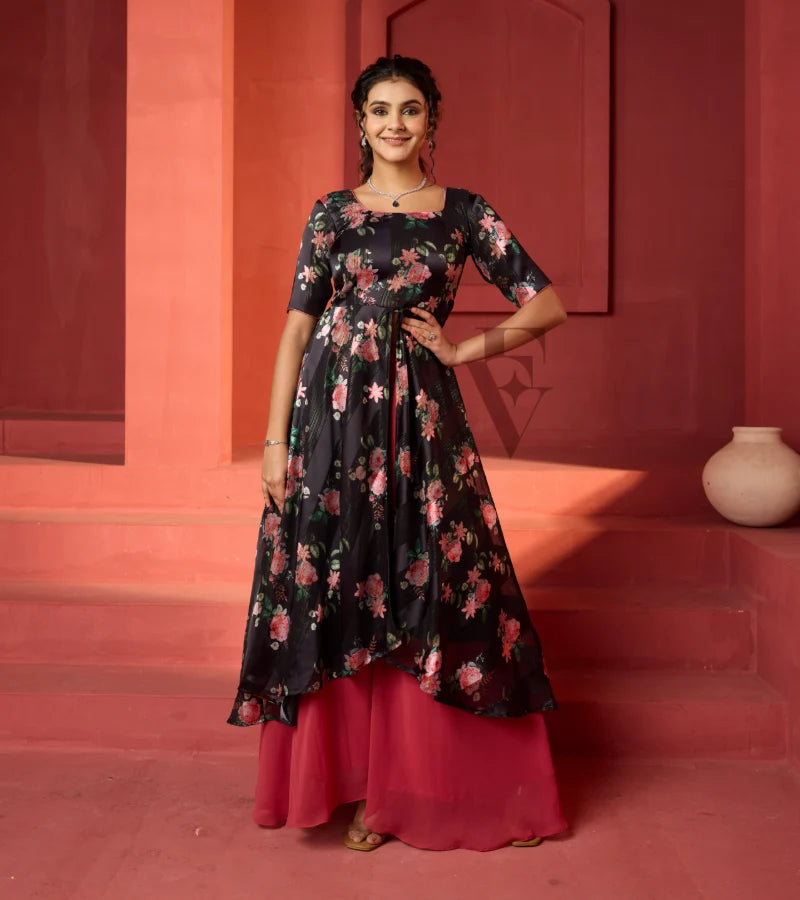 A flowy deep onion pink georgette plaza paired with a black printed georgette satin long coat