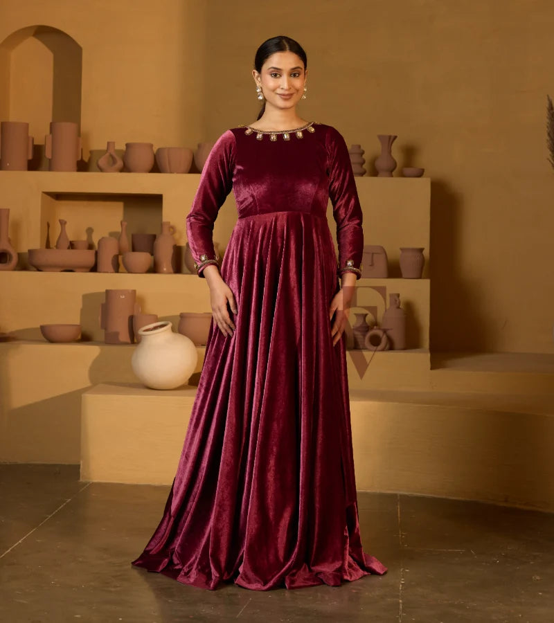 A rich onion pink velvet gown