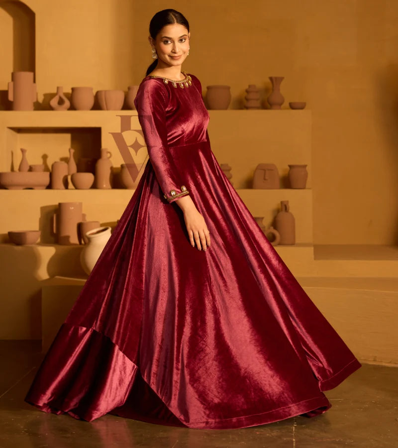 A rich onion pink velvet gown