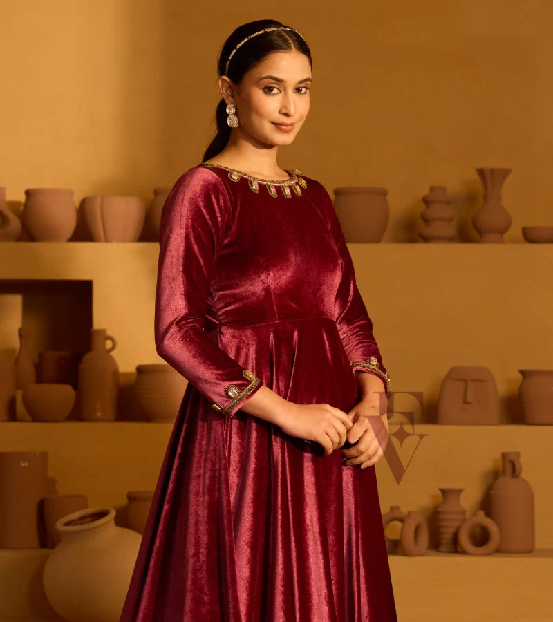 A rich onion pink velvet gown