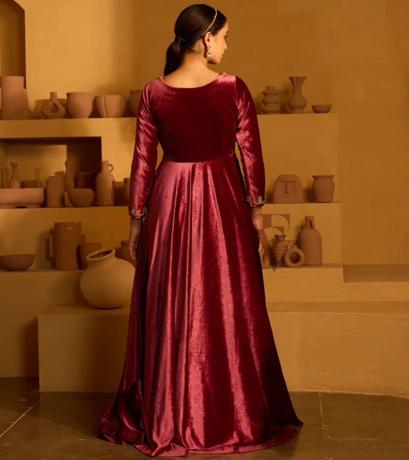 A rich onion pink velvet gown