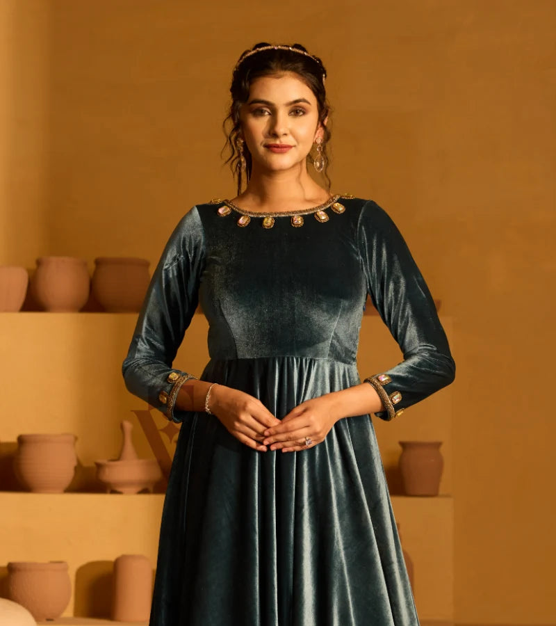 Designed in a deep peacock blue