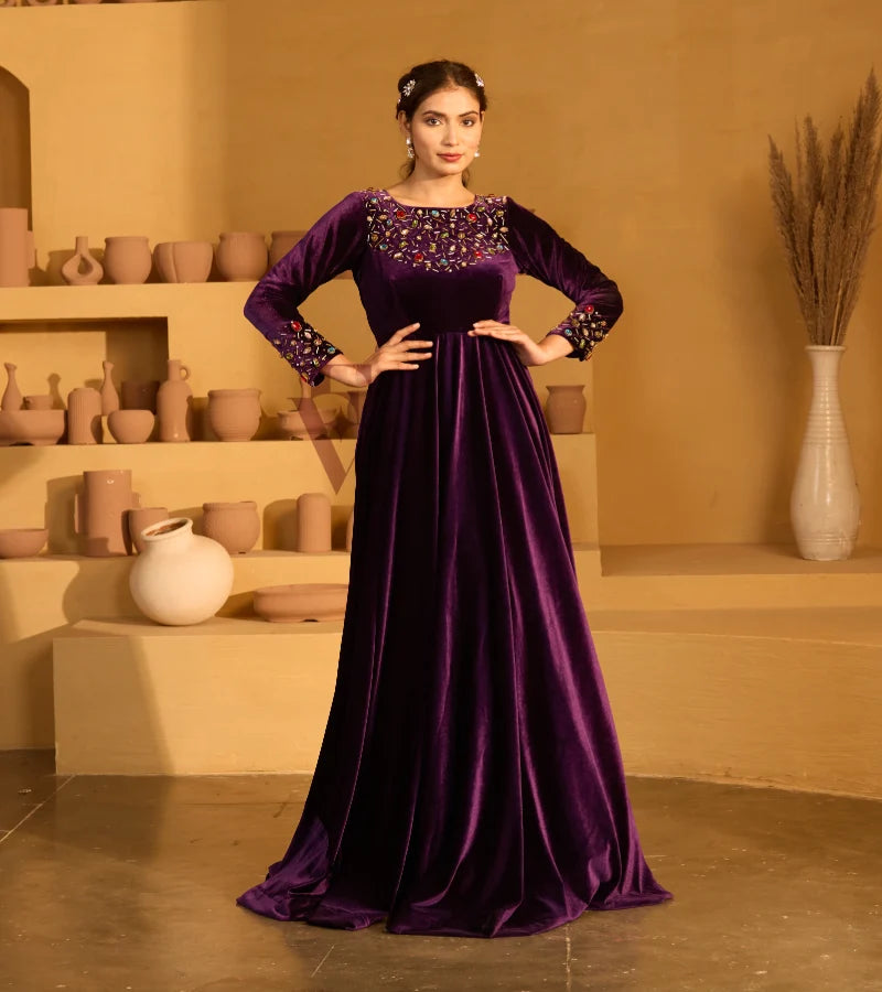 A deep violet velvet gown