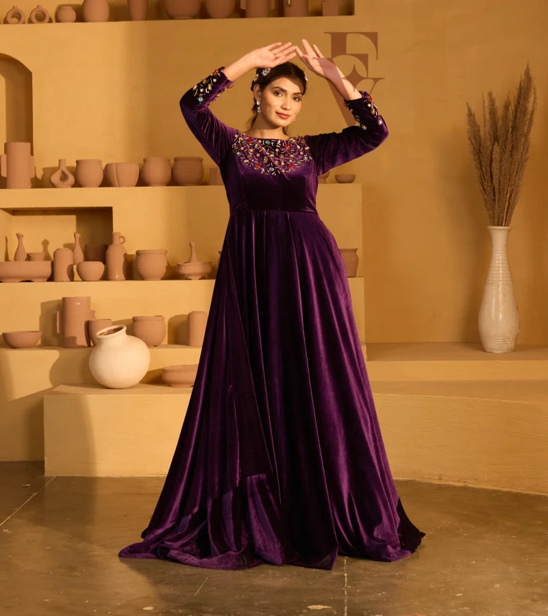 A deep violet velvet gown