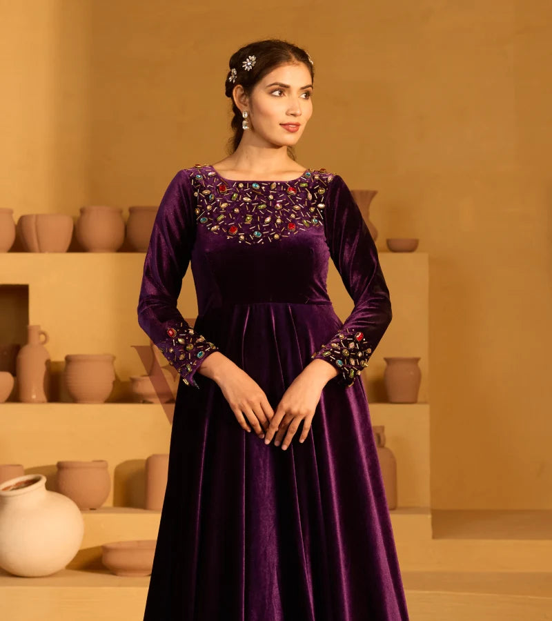 A deep violet velvet gown