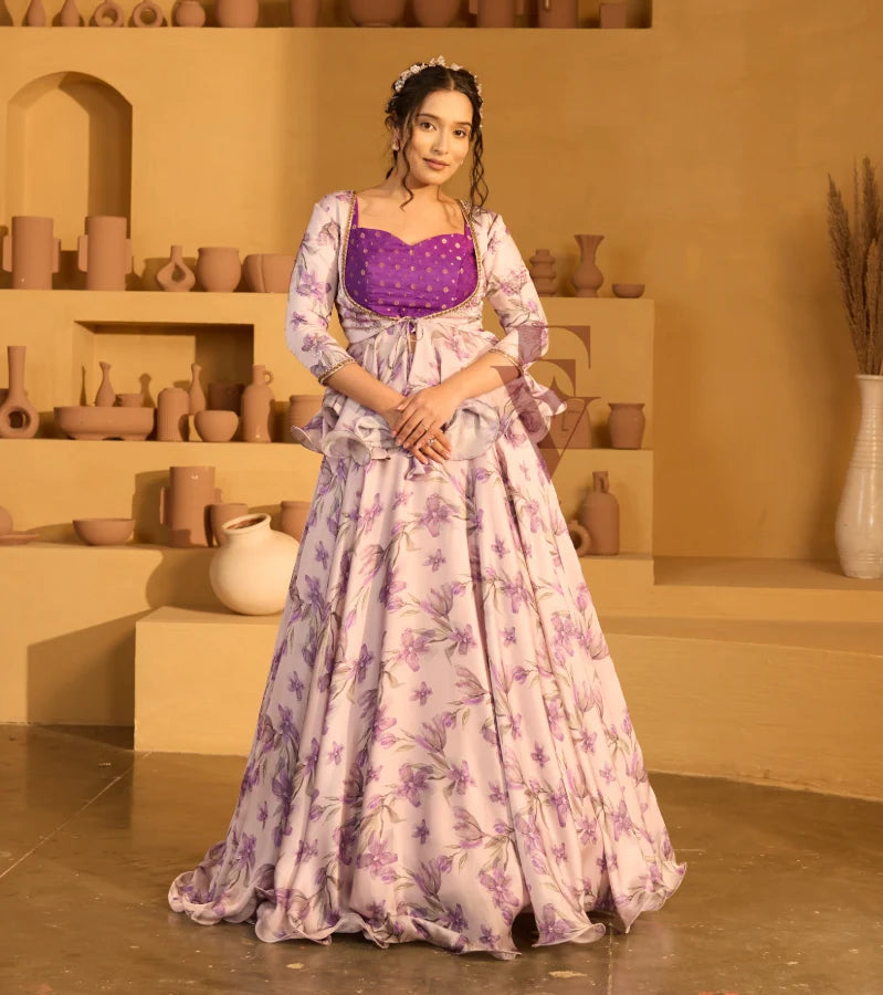 A lavender georgette satin skirt paired with a violet Banarasi silk blouse