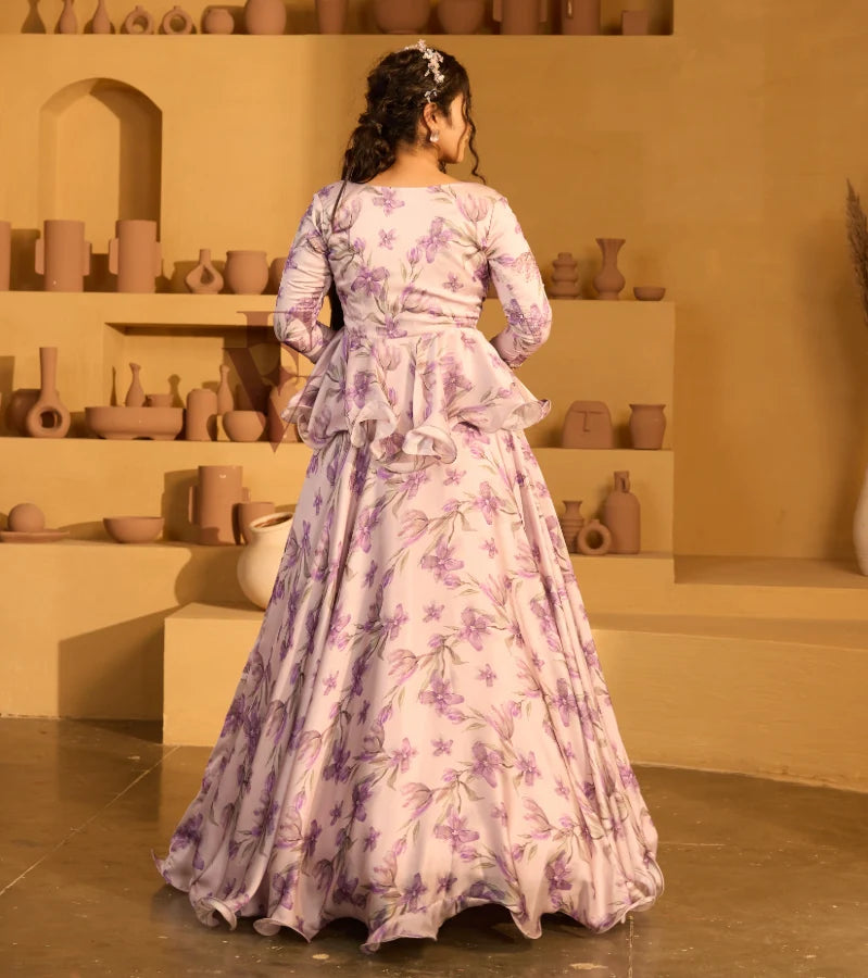A lavender georgette satin skirt paired with a violet Banarasi silk blouse