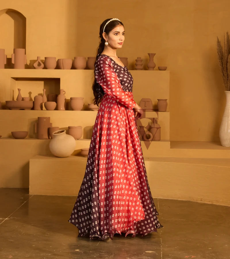 A red and dark brown satin georgette gown