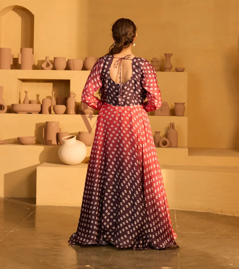 A red and dark brown satin georgette gown