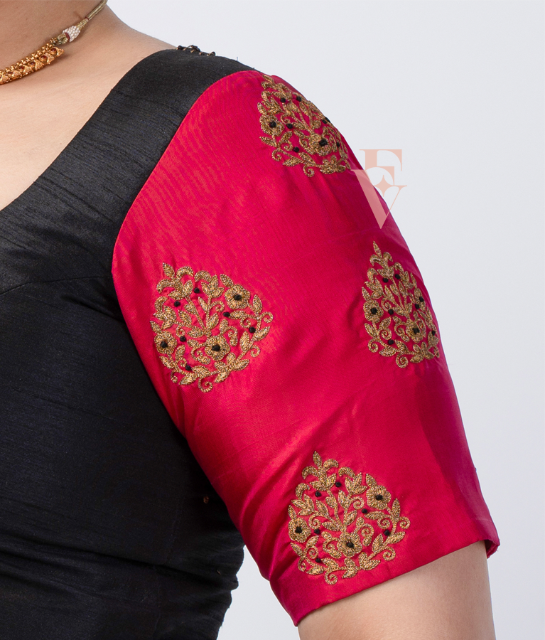 classic black and pink blouse crafted from raw silk