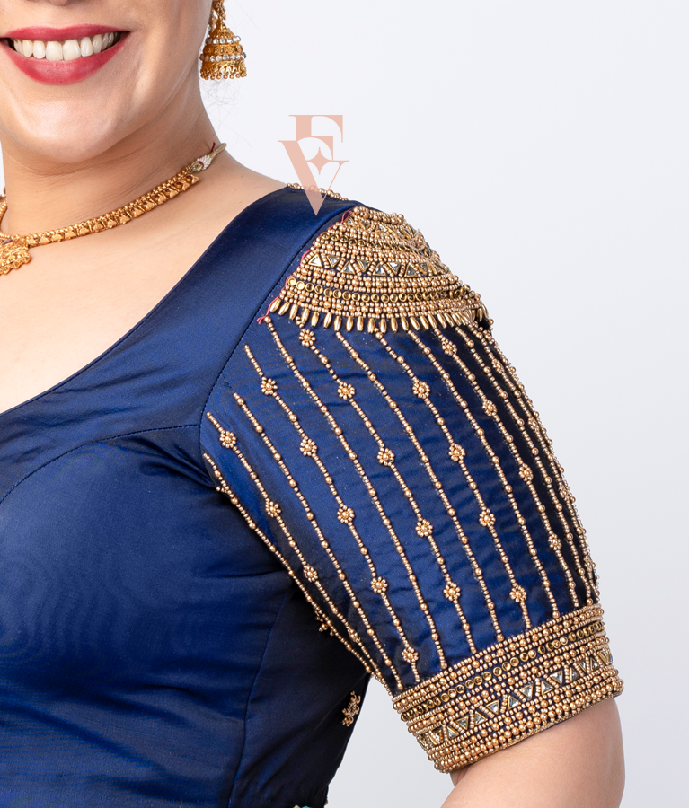 dark blue silk cotton blouse designed in a princess-cut style