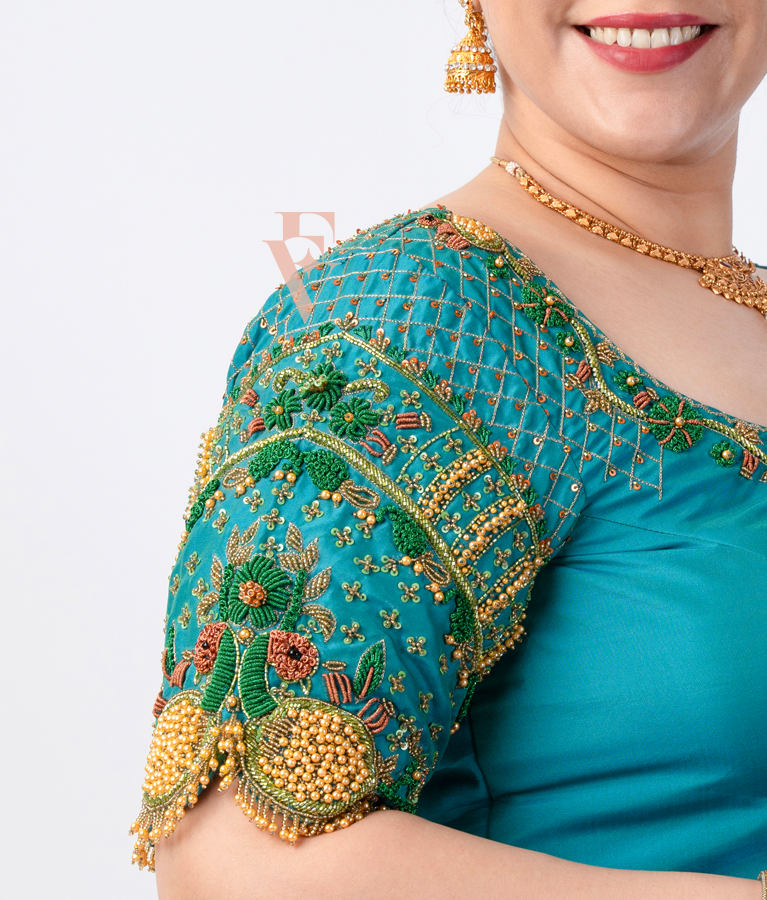 Rama Blue Silk Cotton with Net Blouse