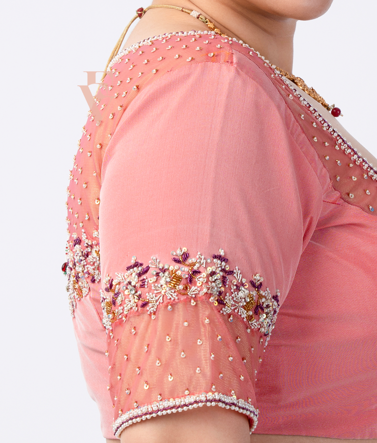 Salomen Pink Silk Cotton with Net Blouse