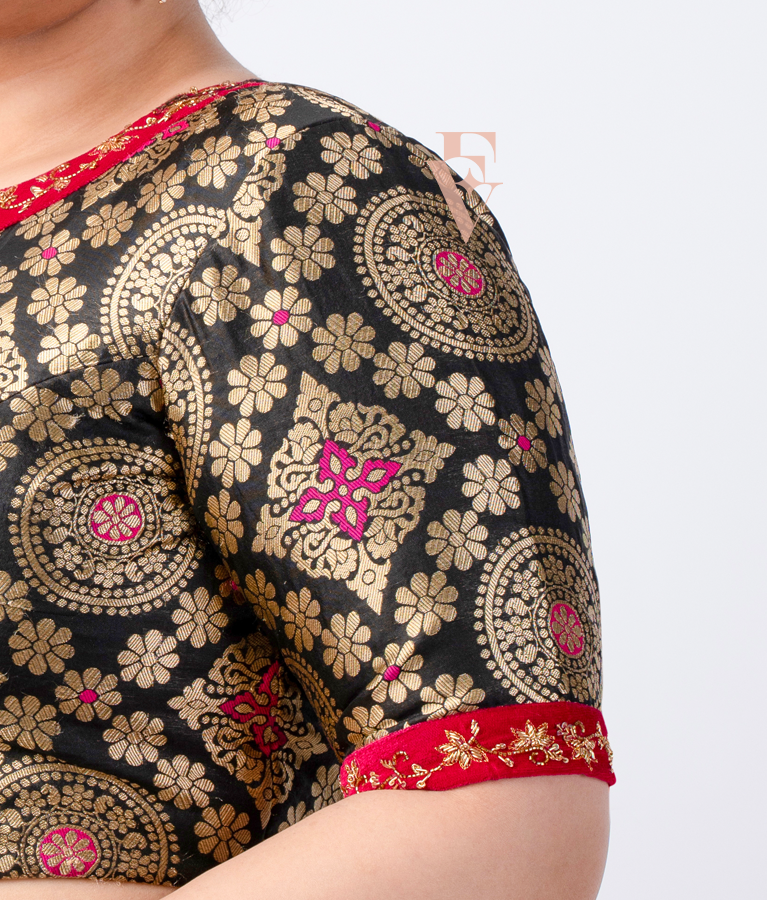 black Banarasi silk blouse crafted with raw silk and velvet