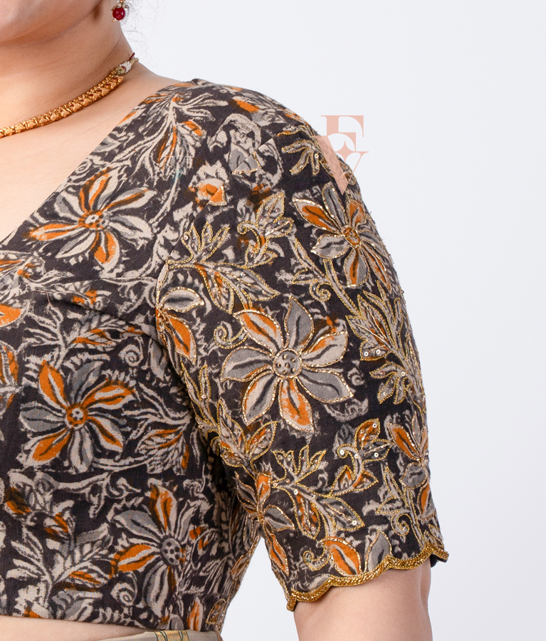 black block printed cotton blouse designed in a princess-cut style